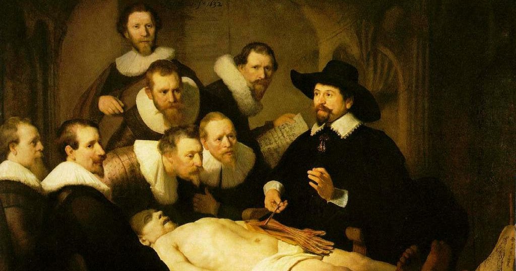 Možda najpoznatije umetničko delo koje se bavi izučavanjem medicine - "Čas anatomije doktora Nikolasa Tulpa" (Rembrant)